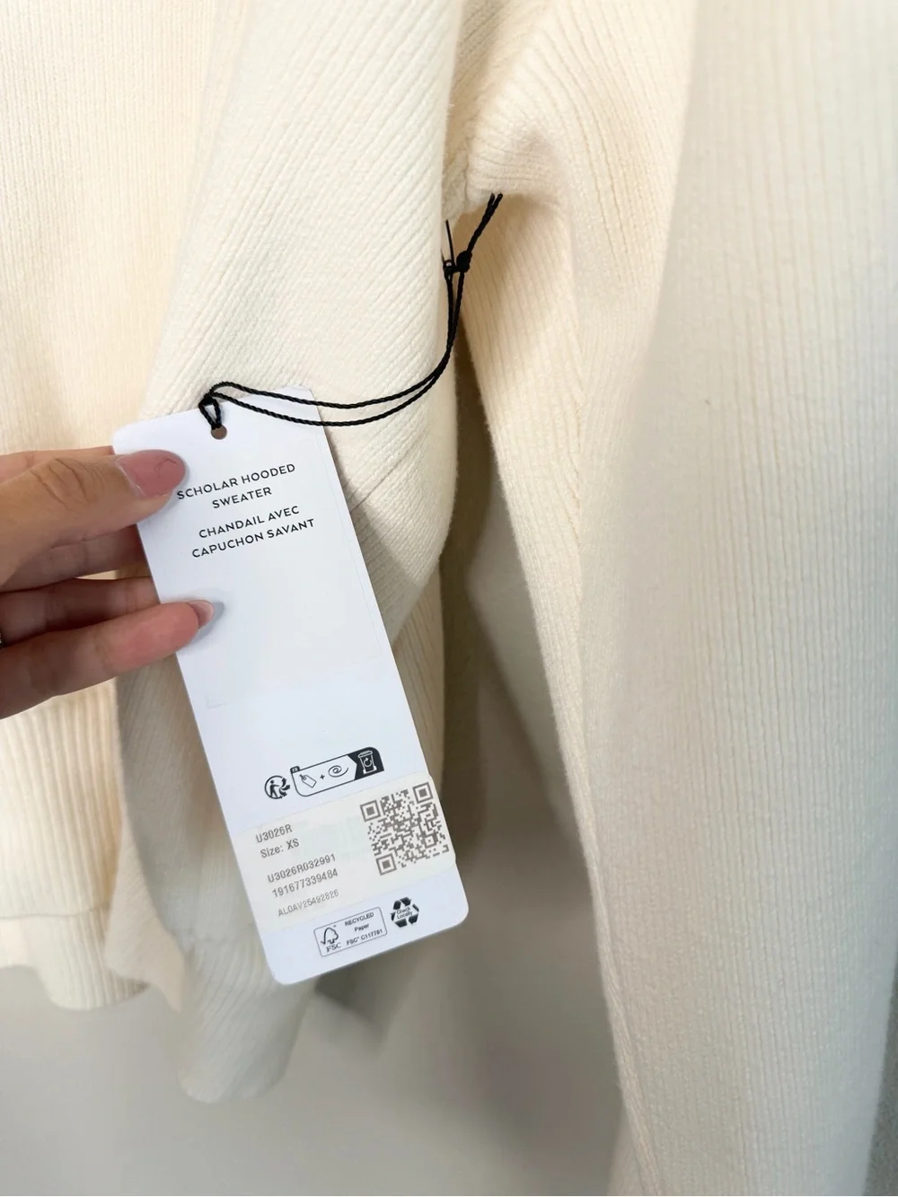 Alo Yoga Scholar Hoodie in Ivory Ribbed Knit Hoodie Sweater Unisex Size XS